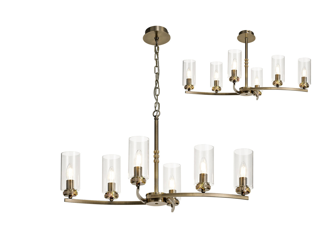 DAB7237 Dabih Rectangular Pendant/Semi Ceiling 6 Light in a Antique Brass/Clear Finish and Clear Crystal