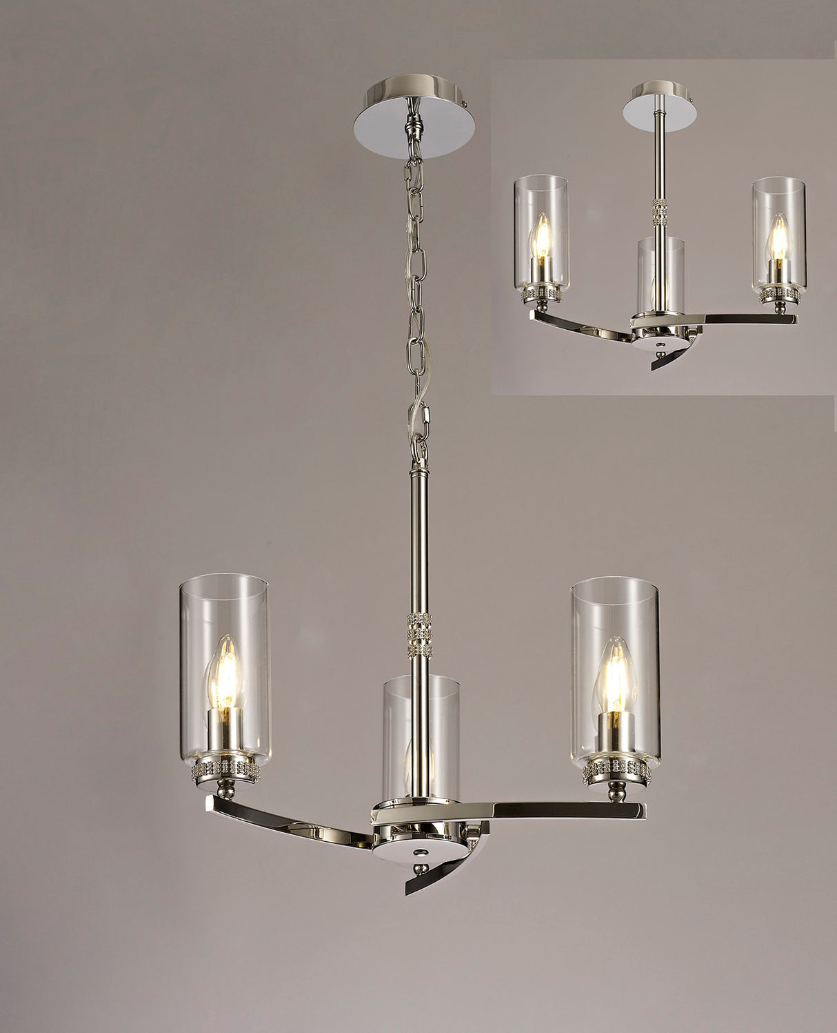 DAB9037 Dabih Pendant/Semi Ceiling 3 Light in a Polished Nickel/Clear Finish and Clear Crystal