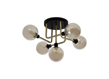 DEN0377 Denab Ceiling 5 Light in a Matt Black/Antique Brass/Cognac Finish