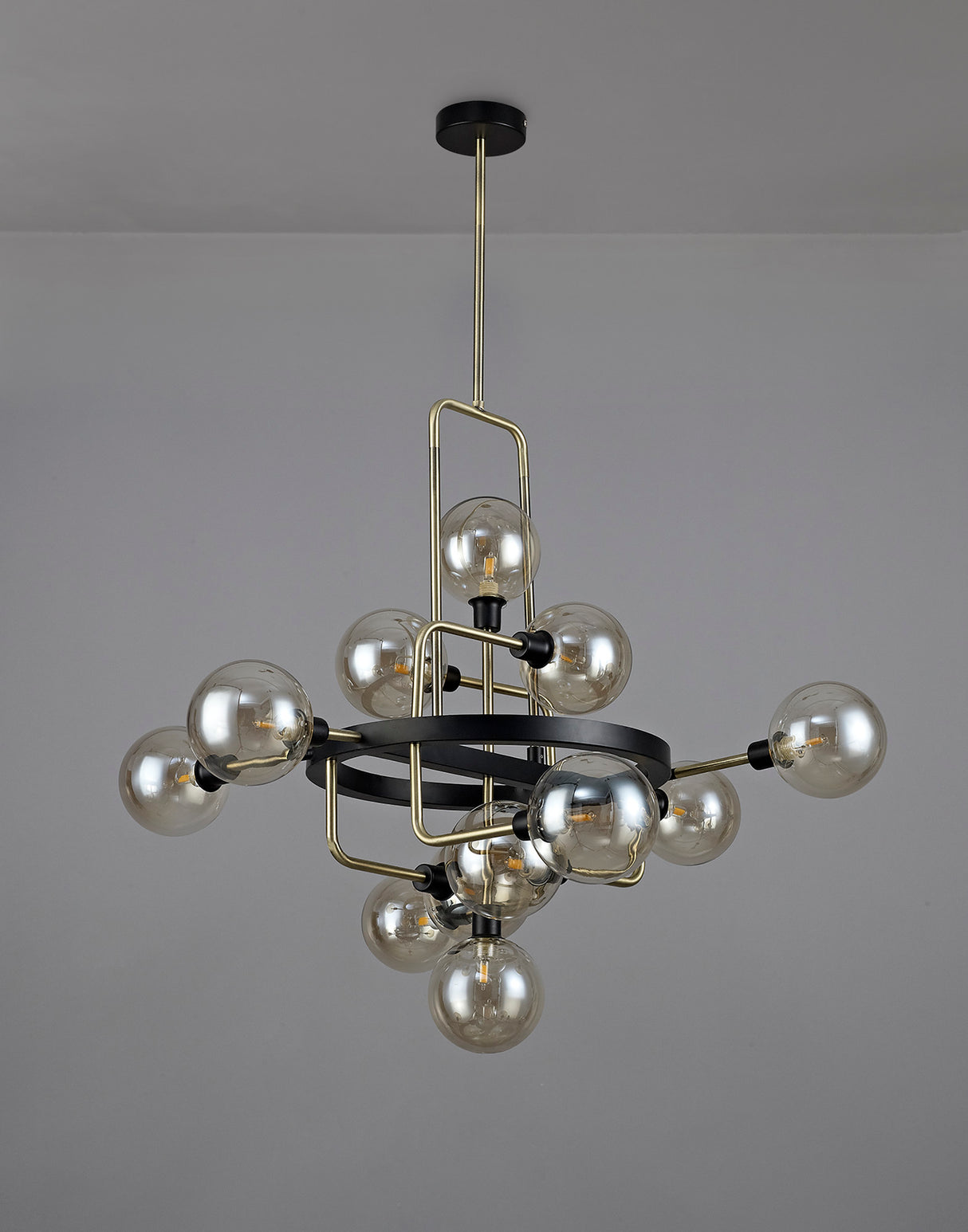 DEN2377 Denab Fixed Pendant 12 Light in a Matt Black/Antique Brass/Cognac Finish