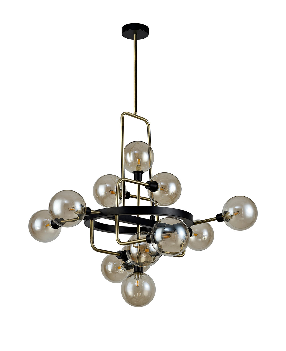 DEN2377 Denab Fixed Pendant 12 Light in a Matt Black/Antique Brass/Cognac Finish