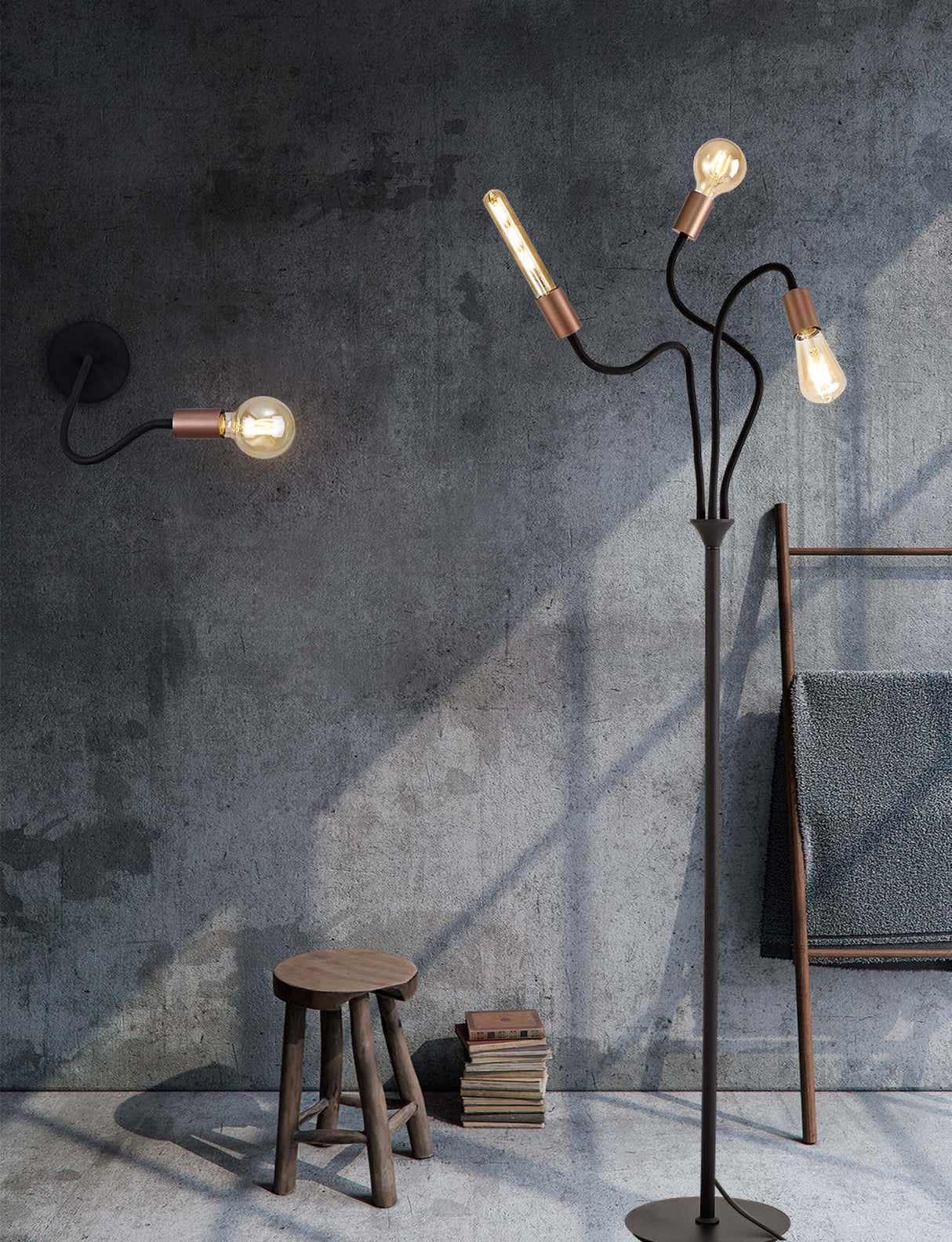 GIN9467 Ginan 163cm Flexible Floor Lamp 3 Light in a Satin Black/Brushed Copper Finish