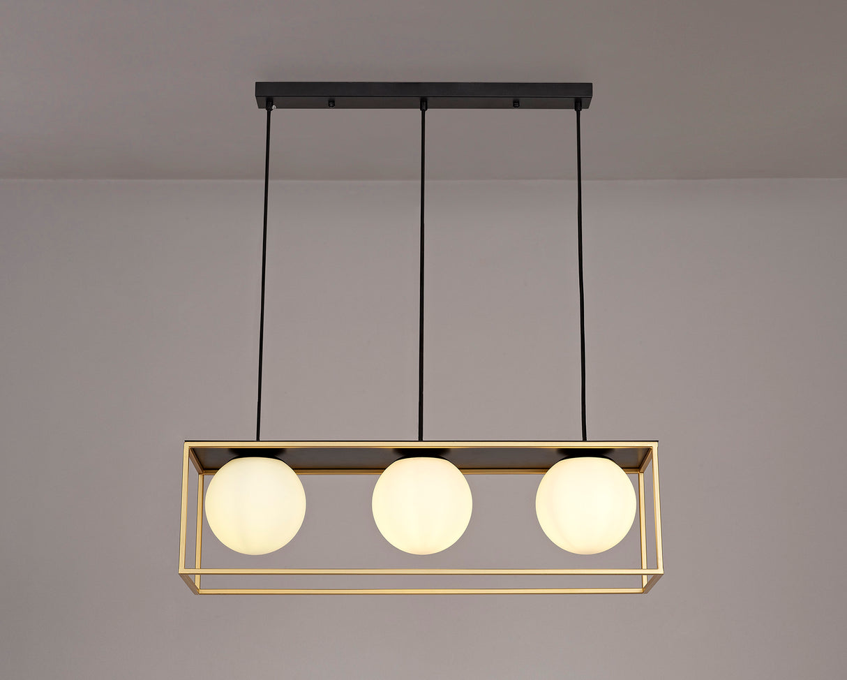 HAM4657 Hamel Linear Pendant 3 Light in a Matt Black/Gold/Frosted Finish