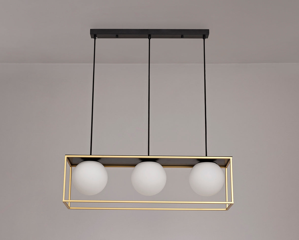 HAM4657 Hamel Linear Pendant 3 Light in a Matt Black/Gold/Frosted Finish