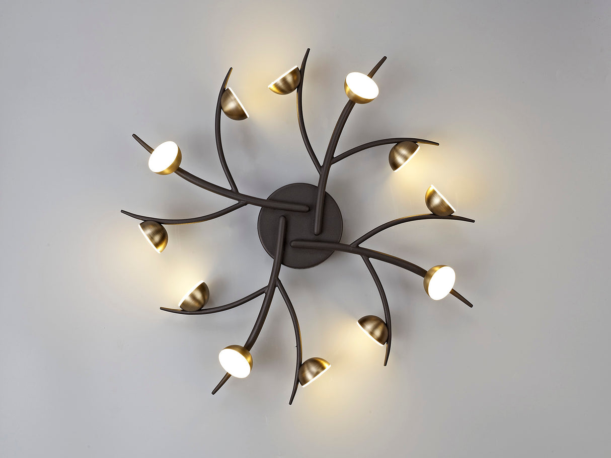 KUM7717 Kuma 12 Light Semi Ceiling 36W LED in a Black/Antique Brass/Frosted Finish