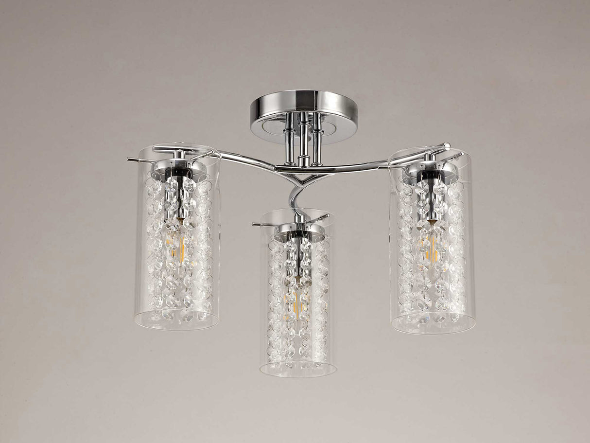 MIS4407 Misam Semi Ceiling 3 Light in a Chrome/Clear Finish and Clear Crystal