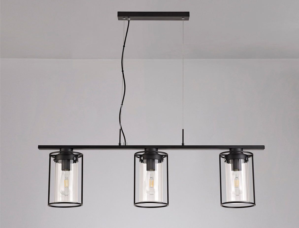 REV6857 Revati Linear Pendant 3 Light in a Black/Clear Finish