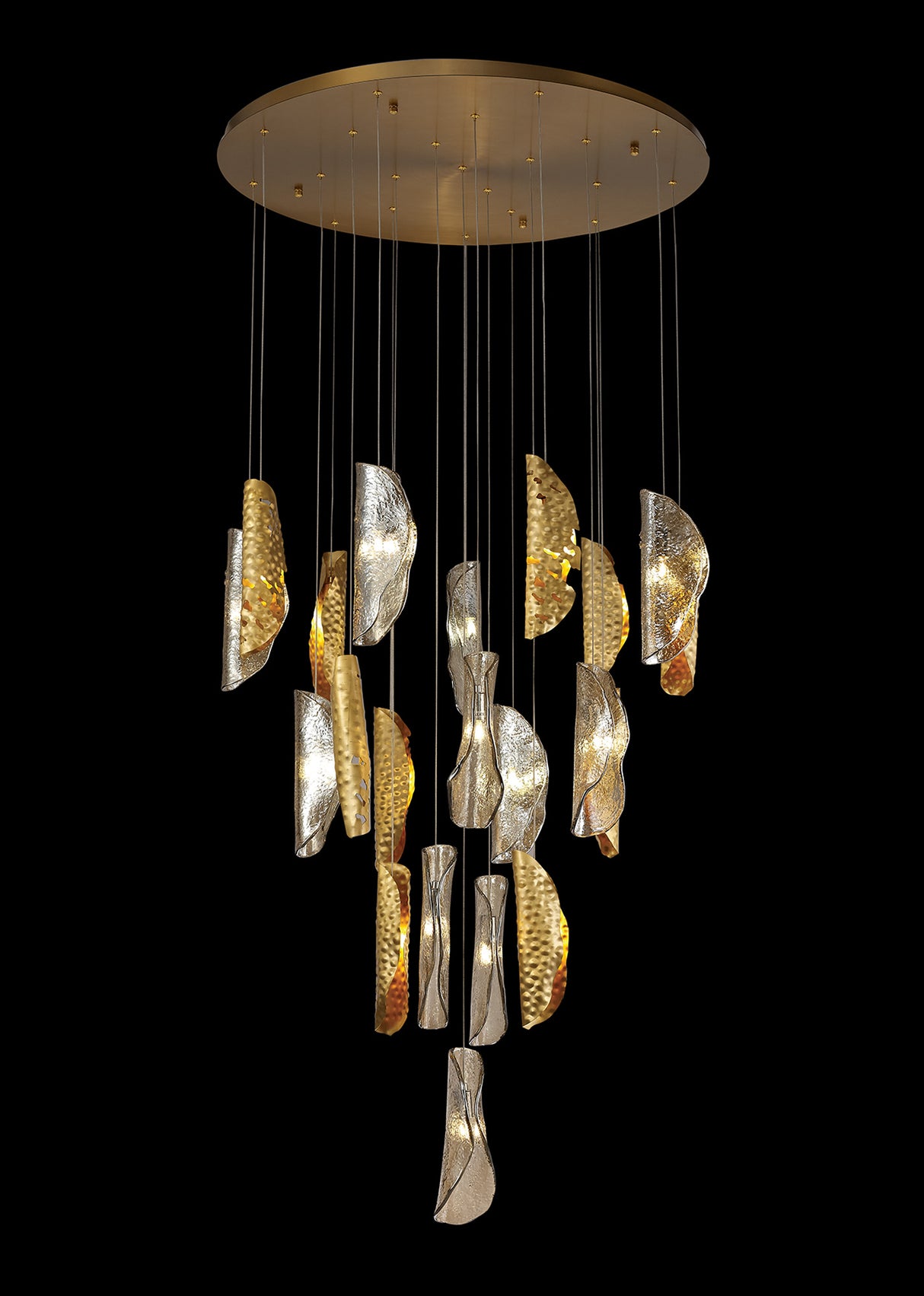 TAN1687 Tangra 5m Pendant 21 Light (24.9kg) in a Brass/Chrome/Cognac Finish